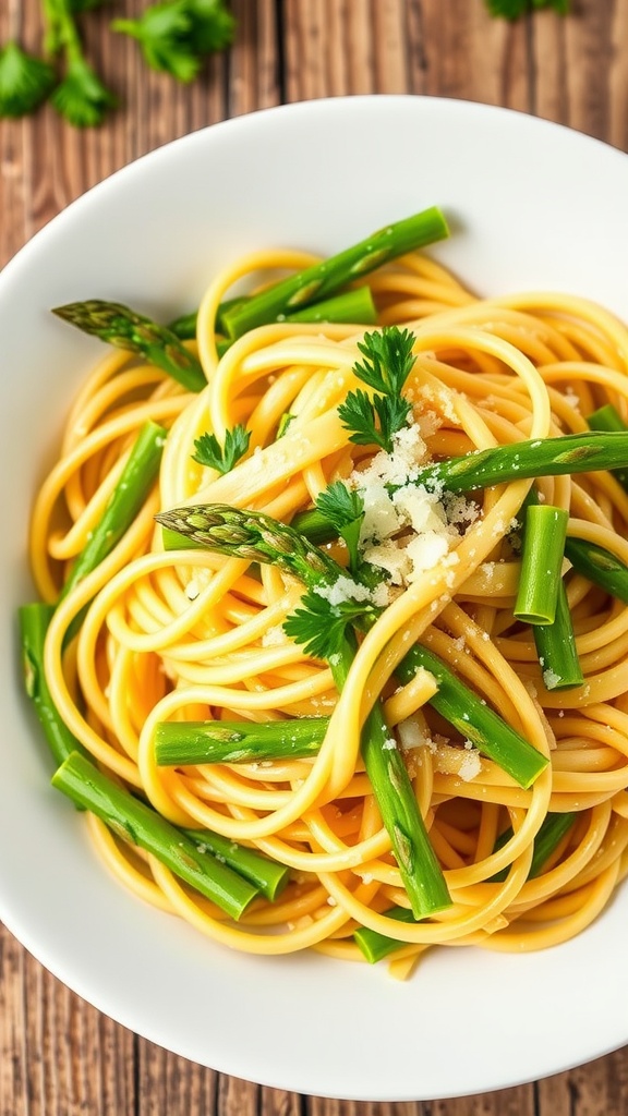 A plate of lemon garlic asparagus pasta with parmesan and parsley, on a rustic wooden table.